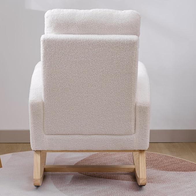 Nursery Rocking Chair with Solid Wood Legs, Glider Chair for Nursery with Side Pocket, Rocker Armchair for Living Room Bedroom (White, Teddy Fabric)