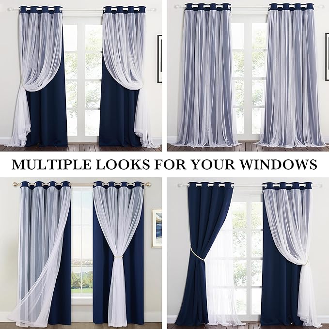 PONY DANCE Navy Blue Curtains Blackout - Room Darkening Curtains with Sheer Elegance Drapery Layered Drapes Mix and Match for Living Room/Kids Bedroom (Set of 2, 52x84 inch, Free Tie-Backs)
