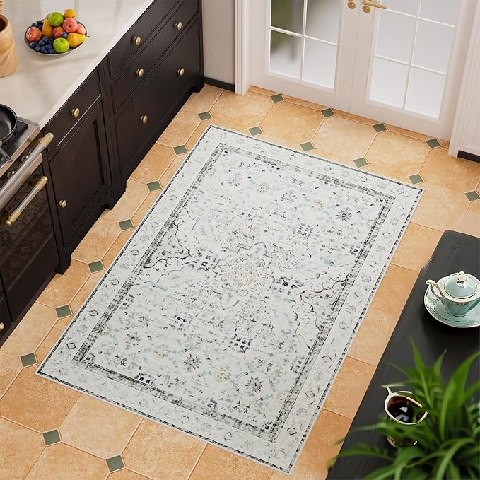 AMTOVO 2x3 Washable Entryway Area Rug Door Mat, Vintage Boho Distressed Print Pattern Non-Slip Carpet, Small Throw Rug for Indoor Entrance Kitchen Bedroom Bathroom Laundry Floor, Light Grey