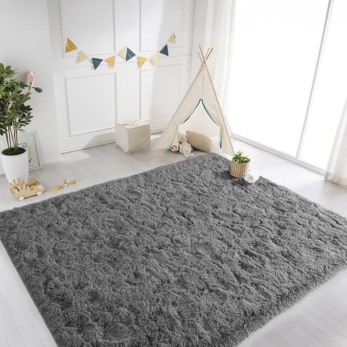 Grey Fluffy 8x10 Area Rug for Living Room, Plush Shag Rugs for Bedroom, Large Soft Furry Carpets for Kids Room, Modern Indoor Nursery Carpet for Classroom Dorm Cozy Comfy Home Decor
