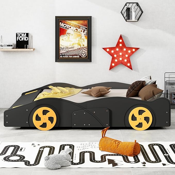Full Size Car Bed with Storage, Race Car Shaped Bed with Wheels, Wood Car Floor Bed Frame for Teens, Wooden Slats Support, Easy Assembly, Black and Yellow