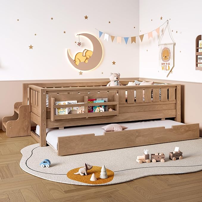 Bellemave Twin Bed with Trundle Twin and Stairs, Twin Size Platform Bed Frame with Fence and Bookshelf, Easy Assemble Beds for Kids, Girls, Boys, Natural