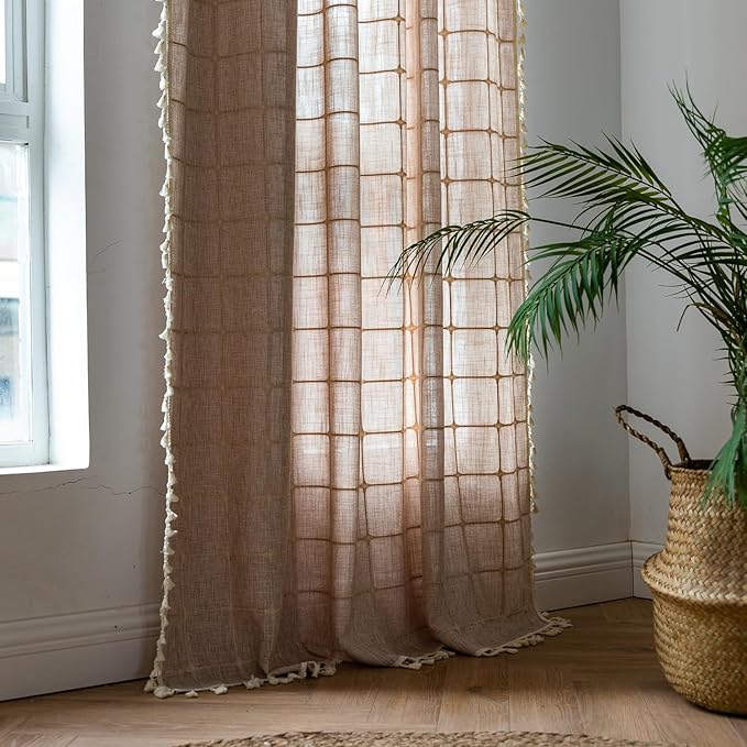 Deeprove Boho Curtains 96 Inches Long for Bedroom, Cotton Linen Light Brown Plaids Embroidery Semi Blackout Bohemian Aesthetic Window Treatment Grids Drape Tassels, 1 Panel W52 x L96 Tan
