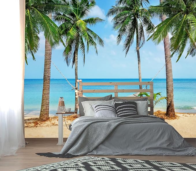 XMPMBM-Beach Palms Landscaping Fabric Wallpaper Tree Leaf Living Room Bedroom Bathroom Wall Mural-W 132" X H 92"（93 Square Foot）