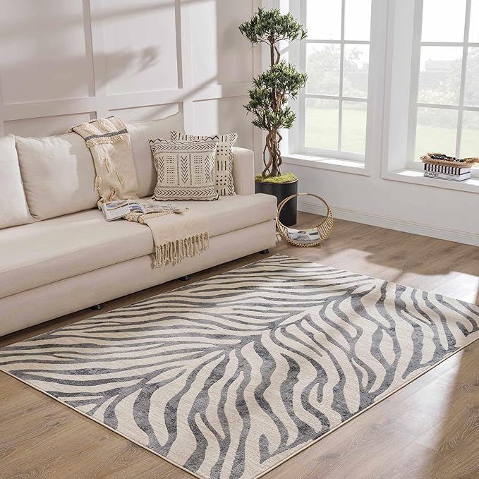 Hauteloom Ecorse Animal Zebra Print Area Rug for Living Room Bedroom Dining Room - Distressed Faded Style - Cream, Black, White, Beige, Gray - 7'10" x 10'3" (8x10)