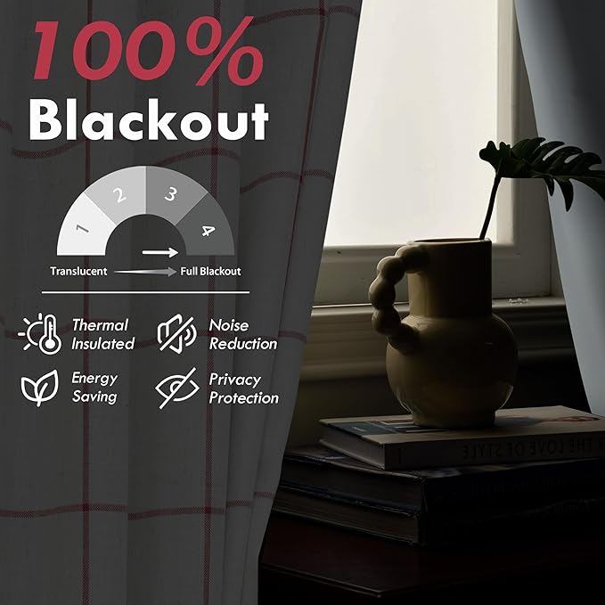 DriftAway 2 Panels 100% Blackout Windowpane Plaid Linen Curtains Double Layer Drapes for Bedroom 63 Inches Long Farmhouse Thermal Insulated 3.25 Inch Rod Pocket Back Tab for Living Room Red