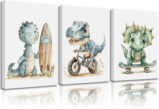 Funny Dinosaur Nursery Canvas Wall Art Surfing Skateboard Riding Dinosaur Painting Picture Wall Decor Sport Nursery dinosaur Print Artwork Poster Print Artwork for Boys Room Girls Room Home Decoration