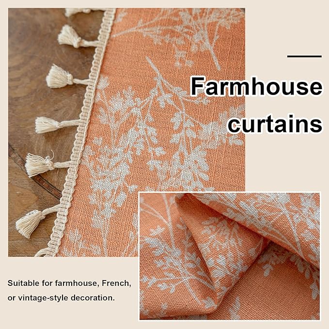 OYX Orange Curtains 96 Inch Length Boho Farmhouse Printed Floral Curtains for Bedroom 2 Panels, Burnt Semi Sheer Vintage Rustic Drapes for Living Room, Rod Pocket Tassel Decor Window Treatment
