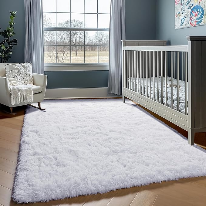 ONASAR White 6x9 Area Rugs for Living Room Bedroom, Washable Large Fluffy Bedside Throw Rug, Soft Plush Shaggy Fuzzy Floor Carpet for Nursery Kids Girls Boys Teen Dorm Home Office Decor Aesthetic