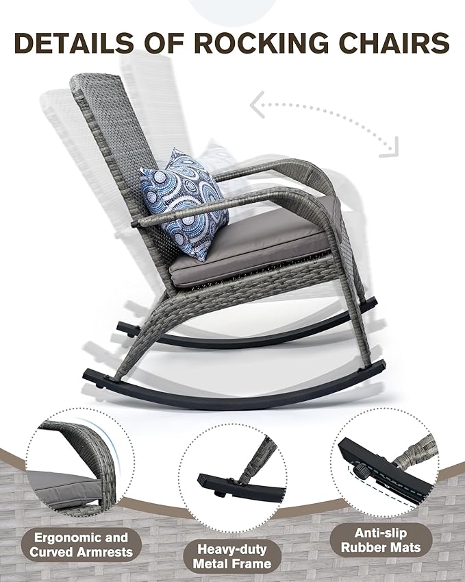 Outdoor Rocking Chair Set of 2- Patio Rocking Chairs with Cushions and Steel Frame- All Weather Outdoor Rocker Chair with 2 Replaceable Cushion Covers (Blue & Grey), 320lbs