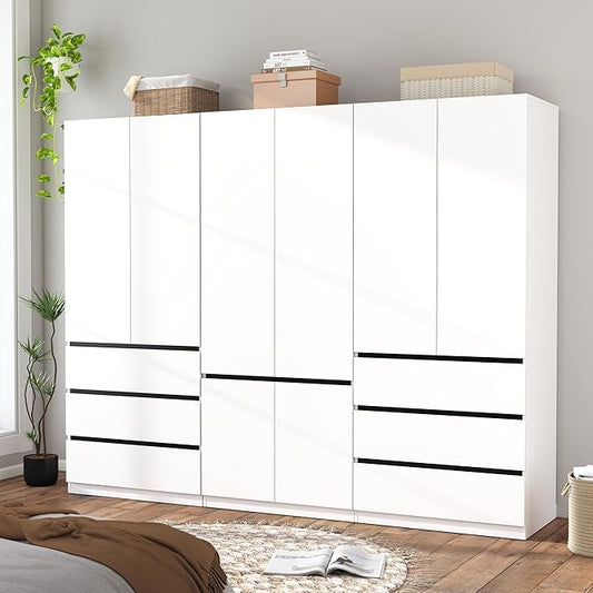 Armoire Wardrobe Closet with Drawers：75" Large White Wardrobe Closet Cabinet with 6 Doors for Hanging Clothes, Modern Wooden Bedroom Armoires with 6 Drawers and Storage (B+C+B, 94.5")