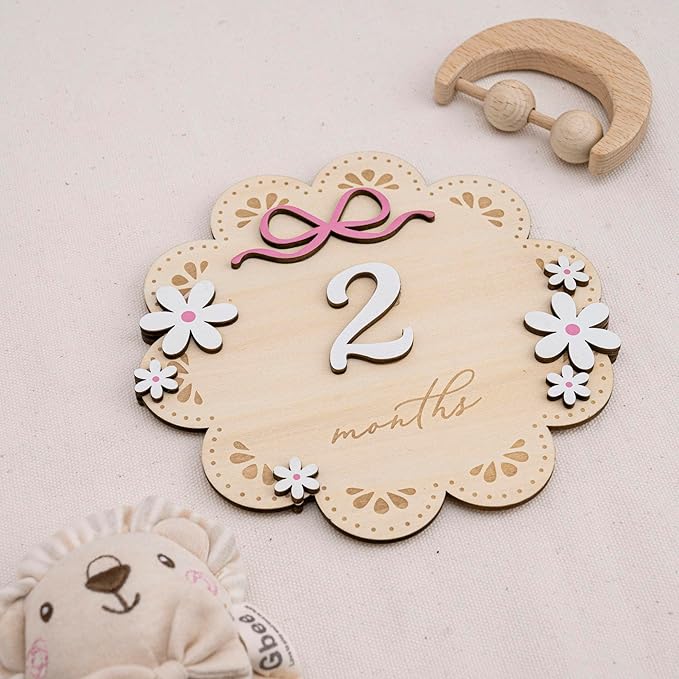 Baby Monthly Milestone Photo Sign, Wooden Floral Design with Pink Bows, Baby Girl Growth Tracker, 1-12 Months (Natural Wood and White with Pink Accents)