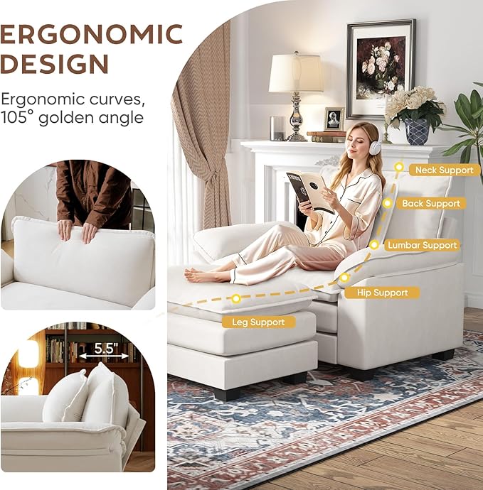 CDCASA Oversized Accent Chair with Ottoman, Chenille Comfy Cloud Sofa Chair with Large Seat and Upholstered Armrests, Modern Extra Wide Armchair Reading Chairs for Bedroom, Living Room,Set of 2,Beige