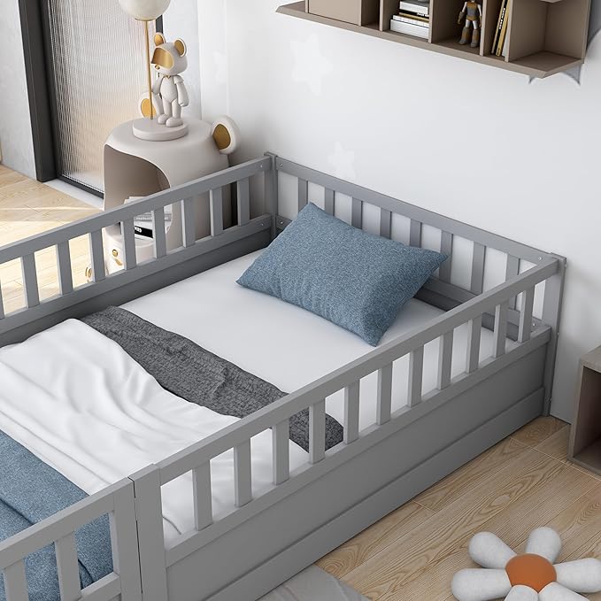 KEIKI Twin Kids Floor Bed, Montessori Kids Floor Bedframe with Fence & Door, Children's Wood Bed for Living Room, Gray