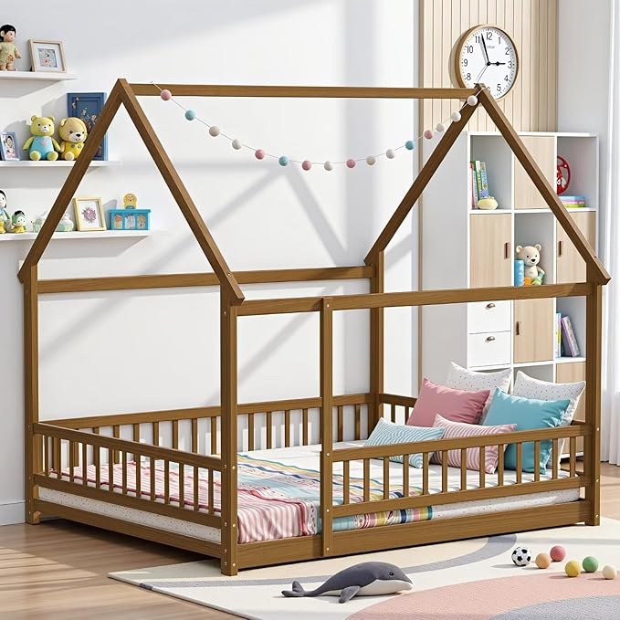 LLS Queen Size Montessori Floor Bed Frame with Slats and Fence, Wooden House Bed for Boys Girls Bedroom, Light Espresso