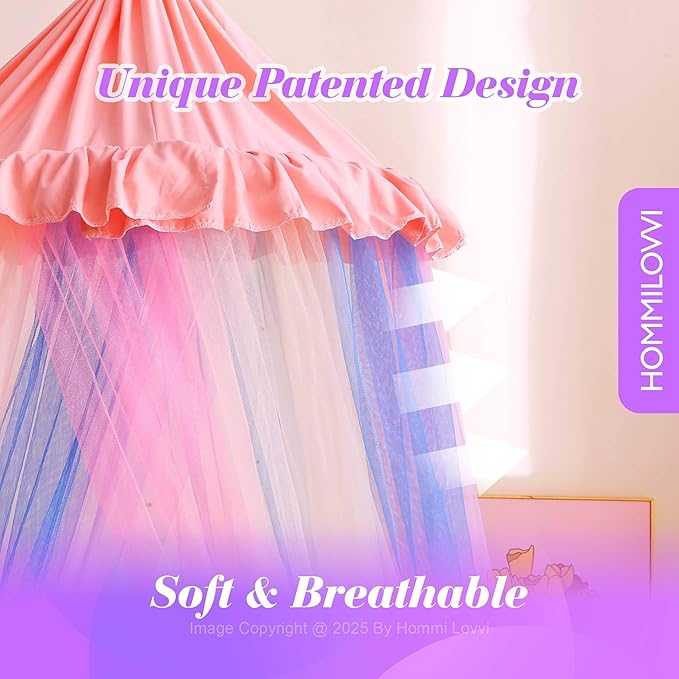 Rainbow Bed Canopy for Girls with Stars Lights, Princess Canopy Bed Curtains for Twin, Full, Queen Size Bed Hanging Canopy for Girls Room Decor, Kids Sheer Canopy Curtain