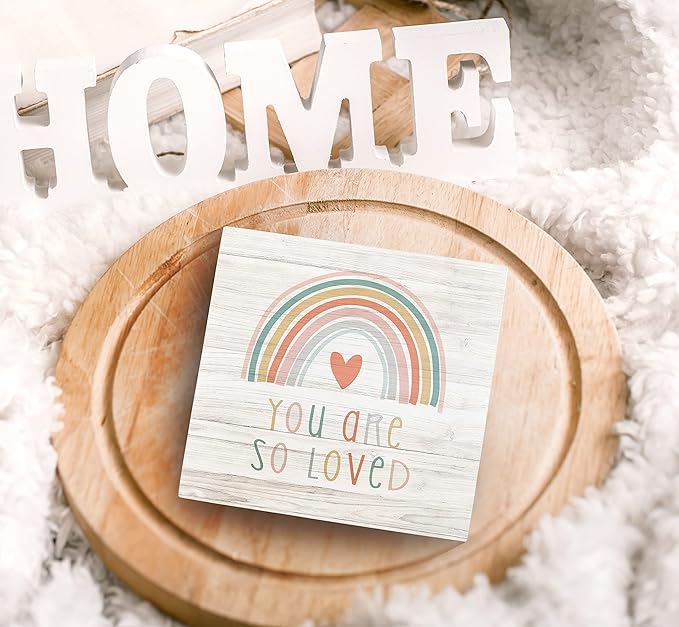 SRADMO You Are So Loved Rainbow Heart Wood Box Sign Desk Decor, Kids Inspirational Quotes Wooden Block Box Sign Decoration For Kids Room Nursery Playroom Shelf Table Decor