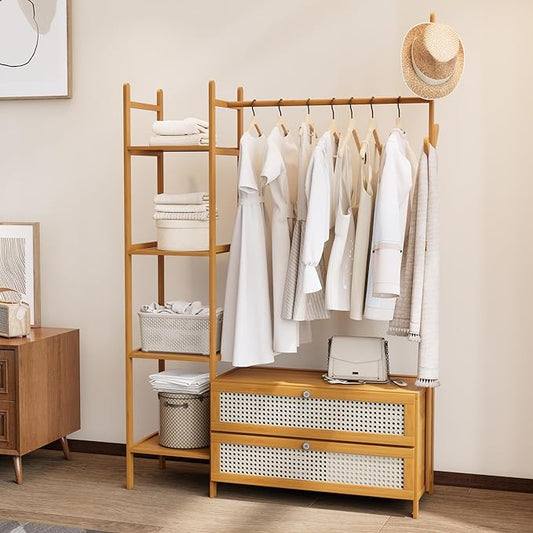 Bamboo Clothes Rack,Garment Rack with Drawers and Shelves,5 Tier Storage Shelves with 6 Hanging Hooks,Wardrobe Closet for Entryway Guestroom Kids Bedroom(39.4inch Width Natural with Rattan Door)