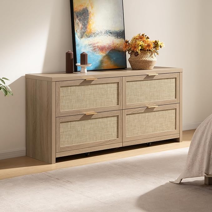 SICOTAS 60.8" Dresser for Bedroom, Rattan Boho Dresser with 4 Deep Drawers, Large Chest of Drawers for Closet,Nursery,Dressers TV Stand for Bedroom (Reclaimed Caramel Oak, 4 Drawers (1 pc))