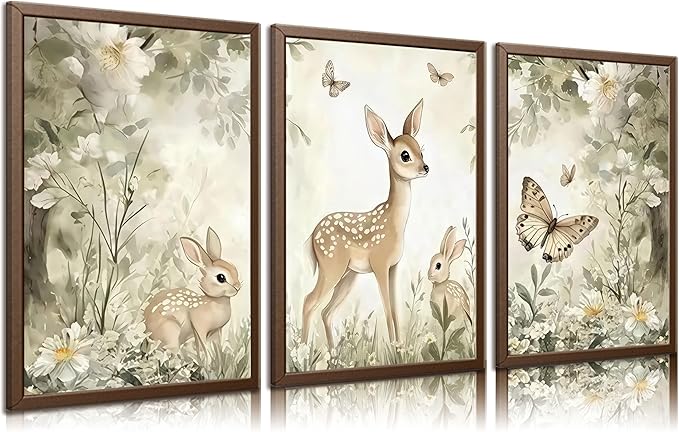 3Pcs Woodland Animal Nursery Canvas Wall Art Cute Forest Animal Wall Decor Pictures Deer and Butterfly Wildflowers Posters Prints for Nursery Bedroom Kids Room Home Decoration Unframed Posters 16x24in