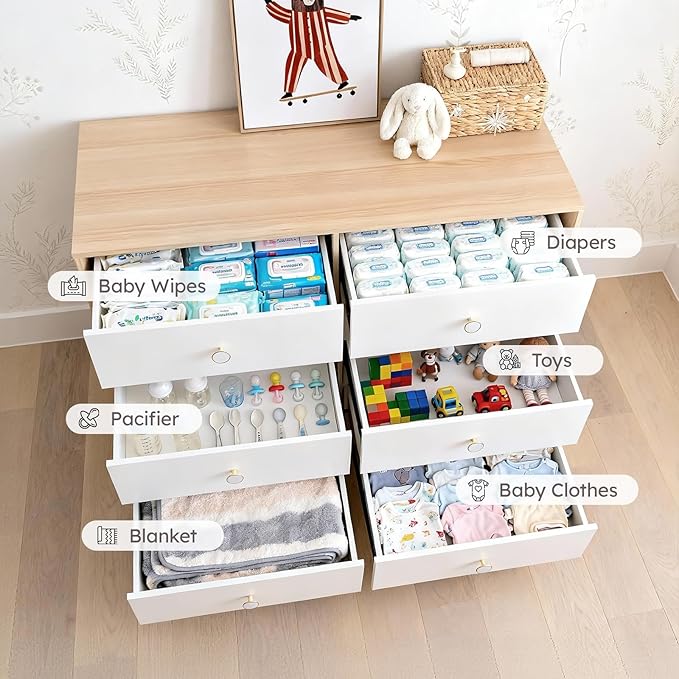 White Dresser for Bedroom, 6 Drawer Dressers with Solid Wood Legs, Baby Dresser for Kids, Storage for Clothes and Baby Essentials