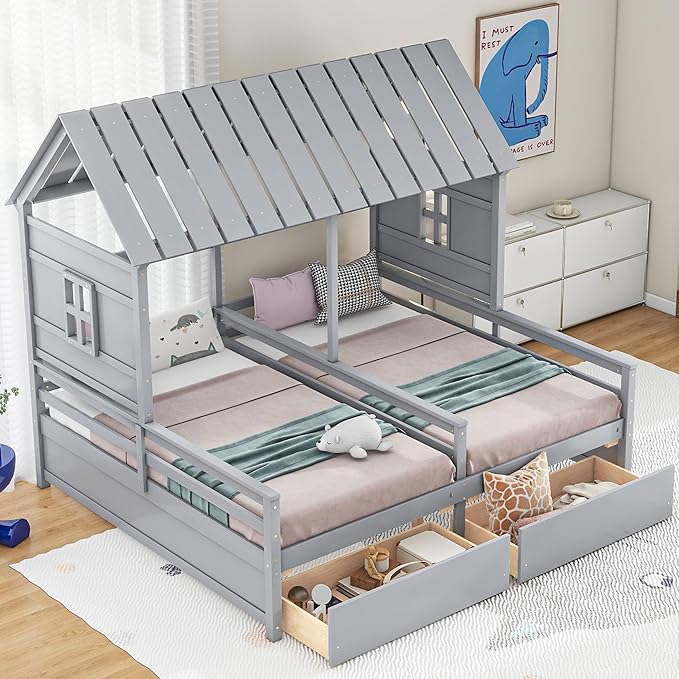 Harper & Bright Designs Twin Size House Platform Beds with Two Drawers for Boy and Girl Shared Beds, Combination of 2 Side by Side Twin Size Beds, Gray