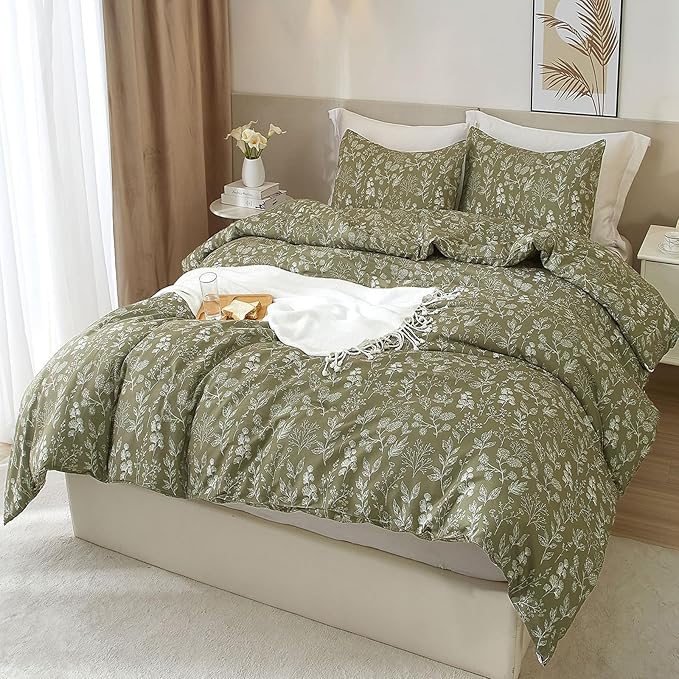 Floral Duvet Cover Twin Size Girl Olive Green Duvet Cover Set with Zipper Closure Soft Cotton Twin Comforter Cover 3 Piece Garden Bedding Set with Boho Leaves Aesthetic Bedding Duvet Cover Set