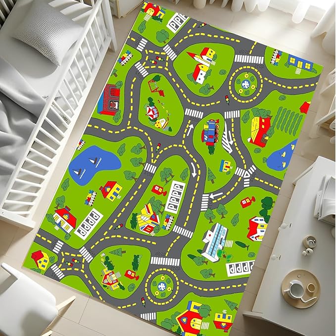 Non-Slip Town City Road Map Playmat for Boys, Perfect for Playroom and Bedroom, Car Track Mat - 6'7" x 4'11"(Rectangular)