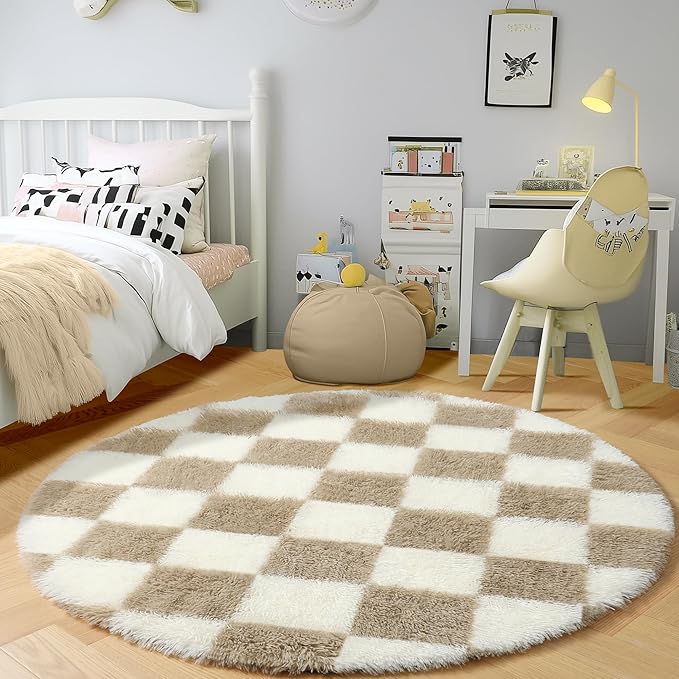 KICMOR Round Rugs 6ft Beige and Cream White Circle Area Rug, Fluffy Soft Fuzzy Shag Shaggy Bedroom Living Room Carpet, Indoor Checkered Circular Rug for Kids Boys Girls Home Decor Aesthetic, Nursery