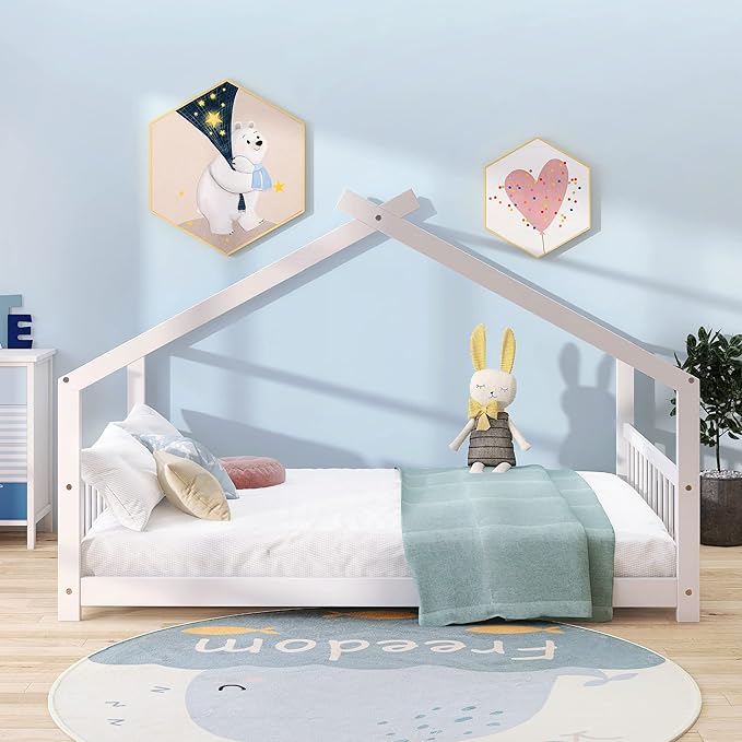 Ball & Cast Full Size Floor Bed,Low to Ground Design Montessori Bed with Roof,Toddler House Bed Frame W/Slats,No Box Spring Needed,for Girls Boys,White