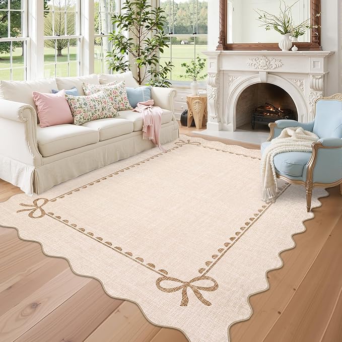GarveeHome Scalloped Bow Rug for Living Room, Solid Beige Rug for Dorm, Washable Rugs 9x12 Soft Low Pile Non Slip Scalloped Rugs for Nursery College Bedroom Decor Kids Room Playroom