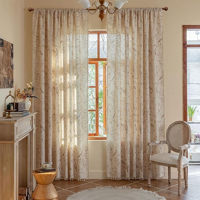 OYX Boho Curtains, Floral Curtains Beige with Garden Birds, Farmhouse Birds Drapes 96 Inches Length Semi Sheer, Rod Pocket Vintage French Country Window Curtain Set 2 Panels for Kitchen, Bedrooms