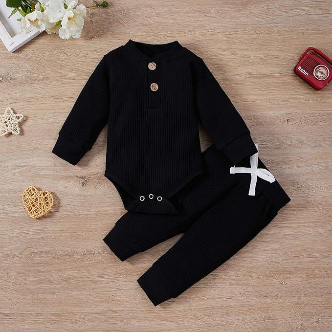 Newborn Baby Boy Girl Clothes Ribbed Knitted Cotton Long Sleeve Romper Long Pants Solid Color Fall Winter Outfits