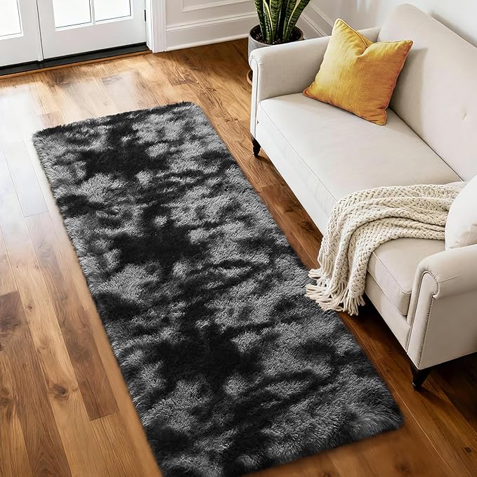 Merelax Soft Area Rugs for Livingroom Bedroom, Shaggy Plush Fuzzy Fluffy Carpet Furry Fur Rug, Modern Indoor Comfy Nursery Kids Dorm Home Decor Floor Mat, 2 x 6 ft, Tie-Dyed Black & Grey