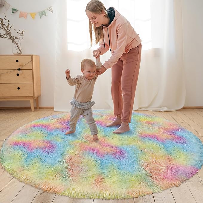 Rainbow Round Rug 5Ft,Colorful Rug for Room Decor and Girls Bedroom,Fuzzy Circle Area Rugs for Dorms Nursery Rooms Kids Unicorn Room Decor Aesthetic Kids Play Mat