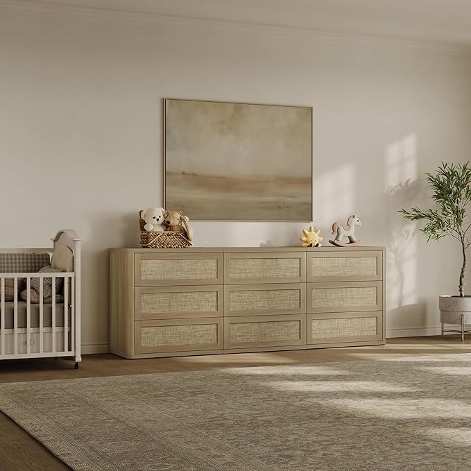 SICOTAS Dresser for Bedroom - 9 Drawer Dresser for Nursery 78.5" Wide Rattan Dressers & Chests of Drawers Boho Drawers for Bedroom Living Room Clothes Long Closet Storage for Closet Hallway Entryway