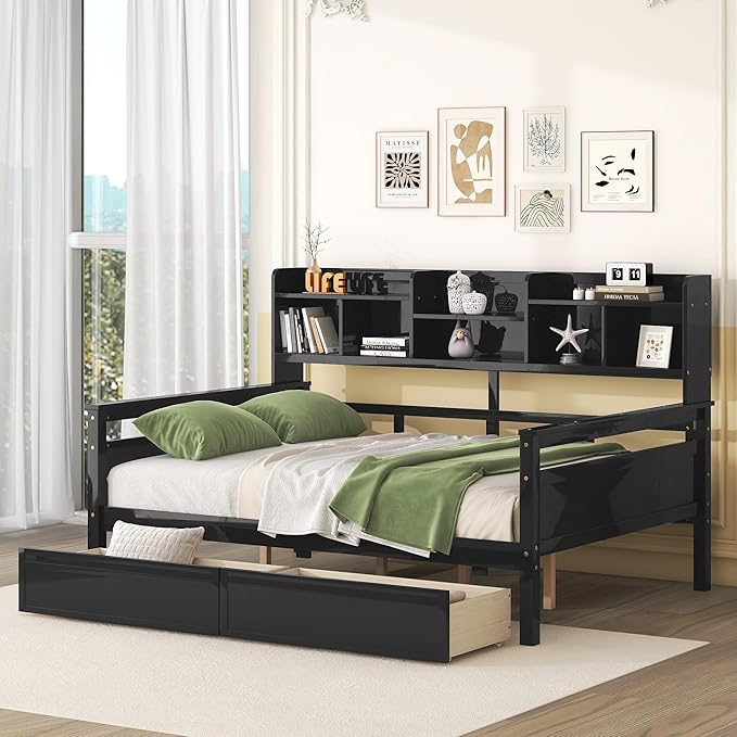 Harper & Bright Designs Full Daybed with Storage, Wooden Full Size Bed Frame with Bookcase Headboard and 2 Drawers, Full Sofa Bed with Shelves for Living Room Bedroom, No Box Spring Need, Espresso