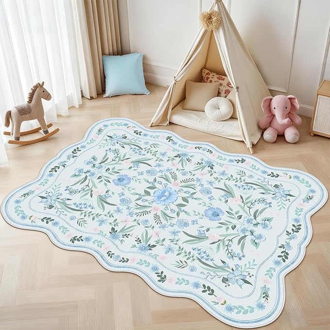 Blue Floral Area Rug 5x7, Washable Scalloped Boho Carpet for Girls Bedroom, Living Room, or Nursery, Cute Non-Slip Soft Cottagecore Rug for Kids Room or Playroom Home Décor