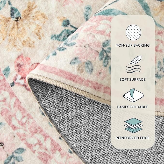 Lahome Boho Pink and White Area Rugs 9x12 Living Room, Washable Floral Large Area Rugs for Bedroom Kids Playroom, Soft Non-Slip Thin Carpet for Nursery Home Decor, Blush
