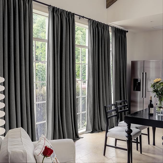 IVAPUPU Linen Pinch Pleated 100% Blackout Curtains for Bedroom - 2 Pages Black Out Grey Curtains 95 Inch Long 2 Panel for Living Room Darkening Thermal Window Curtain Drapes with 16pc Hooks