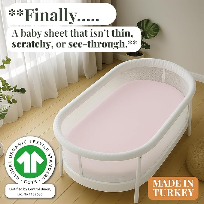 GOTS Organic Bedside Bassinet Sheets 33x20 for Maxi COSI Iora, Newton, Cowiewie, Baby Delight, Mika Micky, Ronbei, Koola Baby Bond, Kidsclub, Luxury Turkish Cotton - Rectangle 32x19-33x20