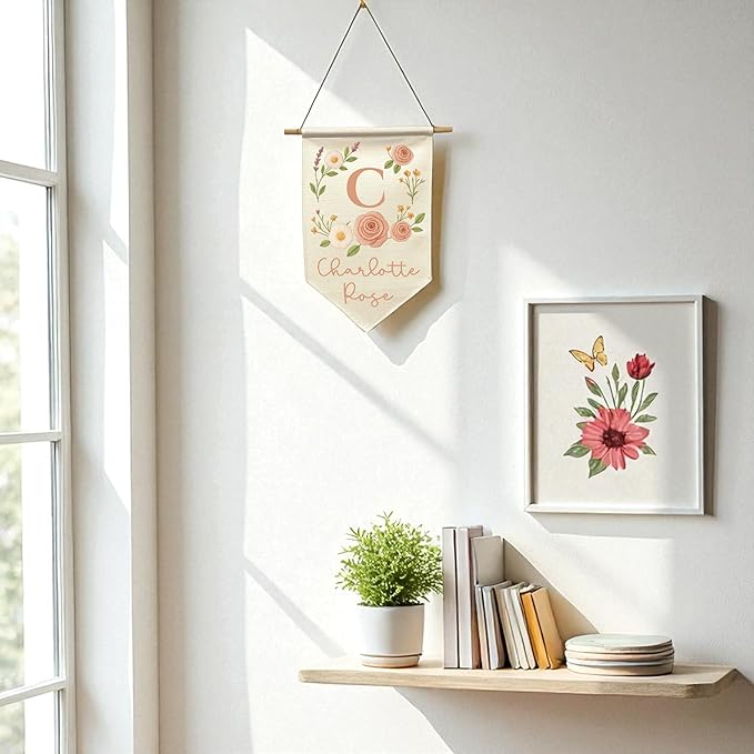 Custom Name Banner Faux Embroidery Nursery Wall Hanging - Boho Baby Girl Room Decor – Kids’ Name Sign for Nursery, Bedroom, or Playroom (Peach Flowers)