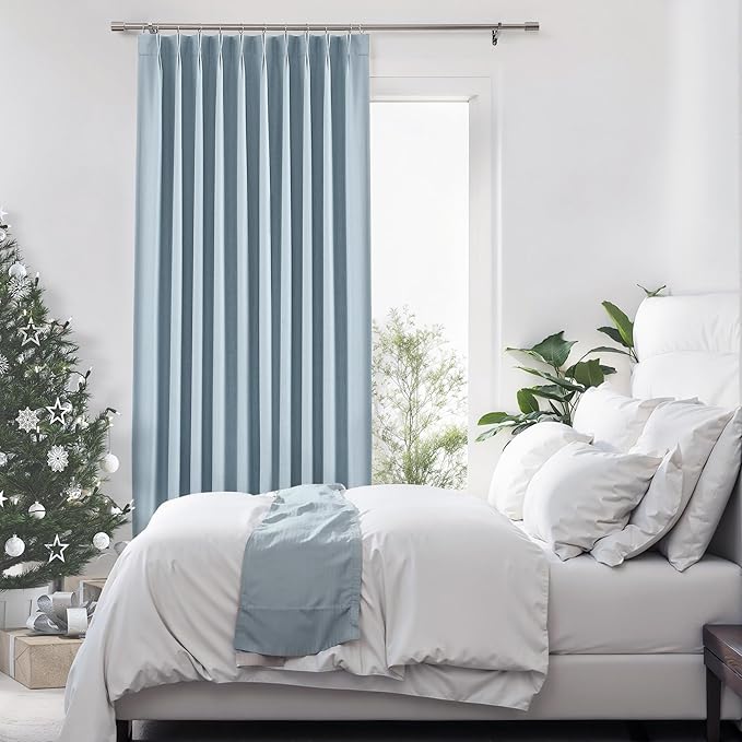 Pinch Pleated Blackout Curtain Panels with Full Blackout Liner Linen Texture Window Treatment Sets with Back Tab for Living Room Bedroom Thermal Insulated Drape with 12 Hooks, 60"x90"x1, Dusty Blue