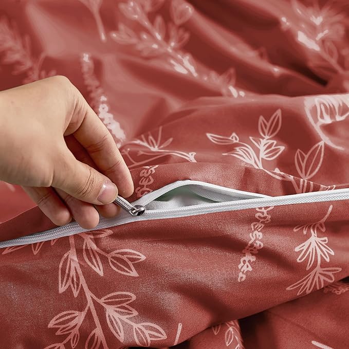 MUXHOMO Duvet Cover Full Size, Reversible Floral Terracotta Duvet Cover Set with Zipper Closure, 3 Pieces Botanical Patterns Soft Microfiber Bedding Set with 4 Ties (80"x90", 2 Pillow Cases)