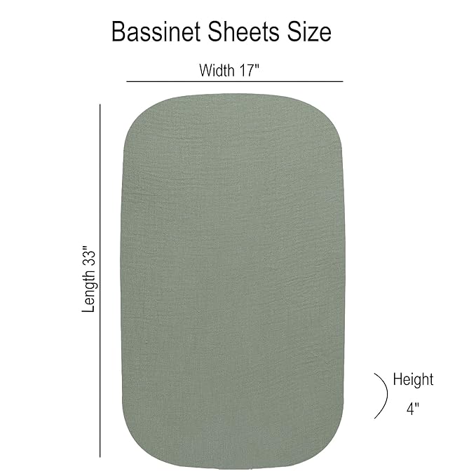 Onacosht Muslin Bassinet Sheets 3 Pack, 100% Cotton Baby Fitted Sheet 33" X 17" for Standard Rectangle Round Oval and Hourglass Bassinet Mattress, Green, Floral and Cactus