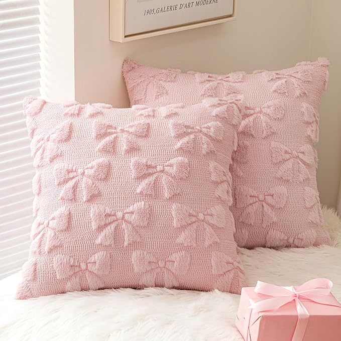 MIULEE Light Pink Bow Pillow Covers Coquette Room Decor Aesthetic Set of 2 Decorative Cute Girl Christmas Throw Pillow Soft Plush Faux Pillowcase for Girl Bed Couch Sofa,16x16 Inch