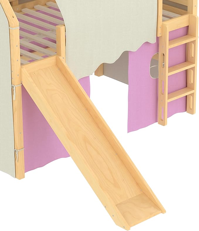 Playhouse Design Full Size Loft Bed with Slide & Tent, Solid Wood Tent Bed Frame for Kids Boys Girls, Versatile Spacious Under Bed Space, Chic Design with Lights (Natural+Pink-Full)