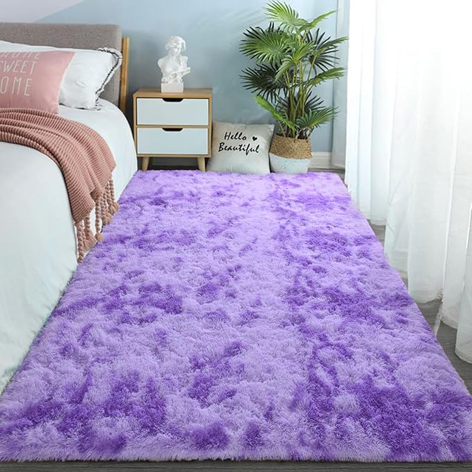 DweIke Fluffy Purple Shag Rugs for Bedroom Living Room, 8x10 Large Soft Plush Tie-Dyed Light Purple Girls Boys Kids Rug, Upgraded Non-Slip and Machine Washable Carpet for Dorm Nursery Classroom Decor