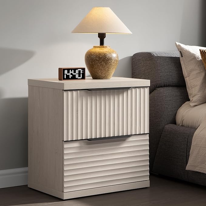 SICOTAS Fluted Night Stand - Modern 22 Inch Nightstand with 2 Storage Drawers, Fluted Bedside Tables for Bedroom, Tall Nightstands Mid Century Modern Bed Side End Table, White Alder