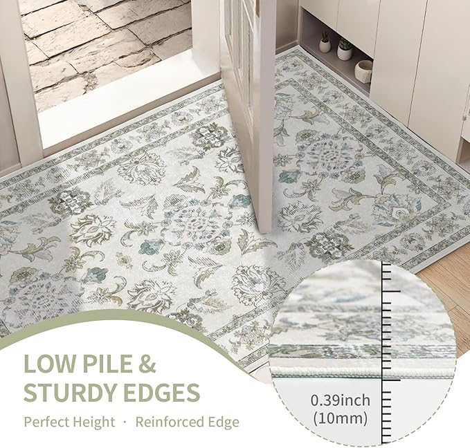 9x12 Washable Area Rugs Beige and Sage Green Vintage Boho Floral Farmhouse Rug for Living Room Bedroom, Non Slip Low Pile Carpet